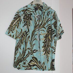 TODD SNYDER Teal Blue Silk Cotton  Print Camp Collar Short Sleeve Shirt Size:M